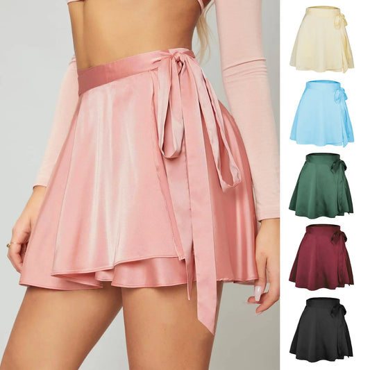 New Kawaii Mini Skirt Solid Color Quality High Waist Fashion Bow Tie Laceing Short Chiffon Satin Sweet Wrap Skirts Women Clothes